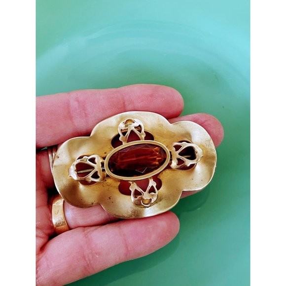 Antique Brass Gilt Large Brooch With Brown Glass Stone - Picture 2 of 8